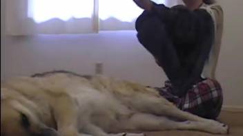 Horny guy pounding his promiscuous beast on the floor